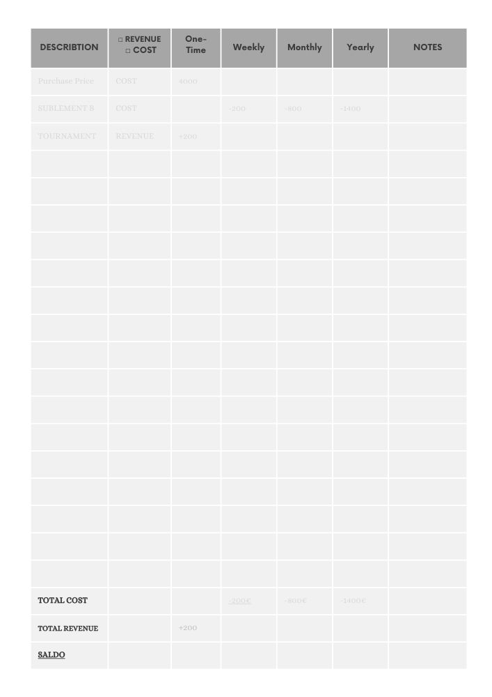 Accounting and notes page with columns for budgets