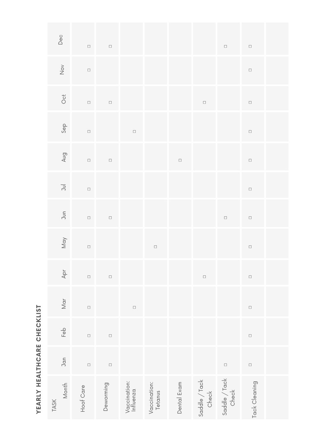 Yearly checklist spread with horse roster and priorities